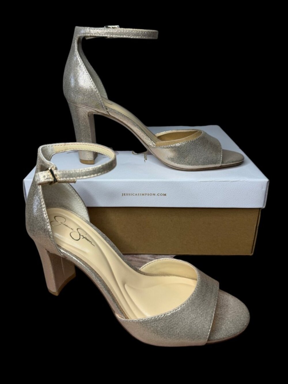 Jessica Simpson Luxcilla Heels Women 6.5 Champagne Shimmer Sand Ankle Strap